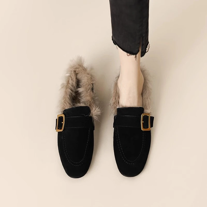 法式2025冬季新款复古圆头皮带扣平底真皮兔毛毛鞋一脚蹬乐福鞋女