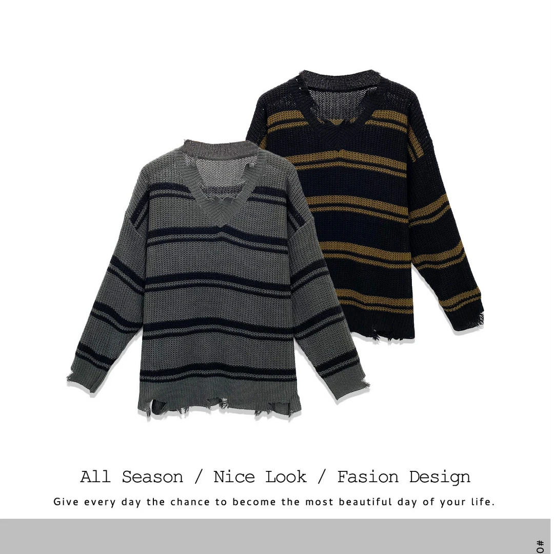 021   欧货时尚潮流针织条纹长袖T恤百搭宽松  款号#2162     863