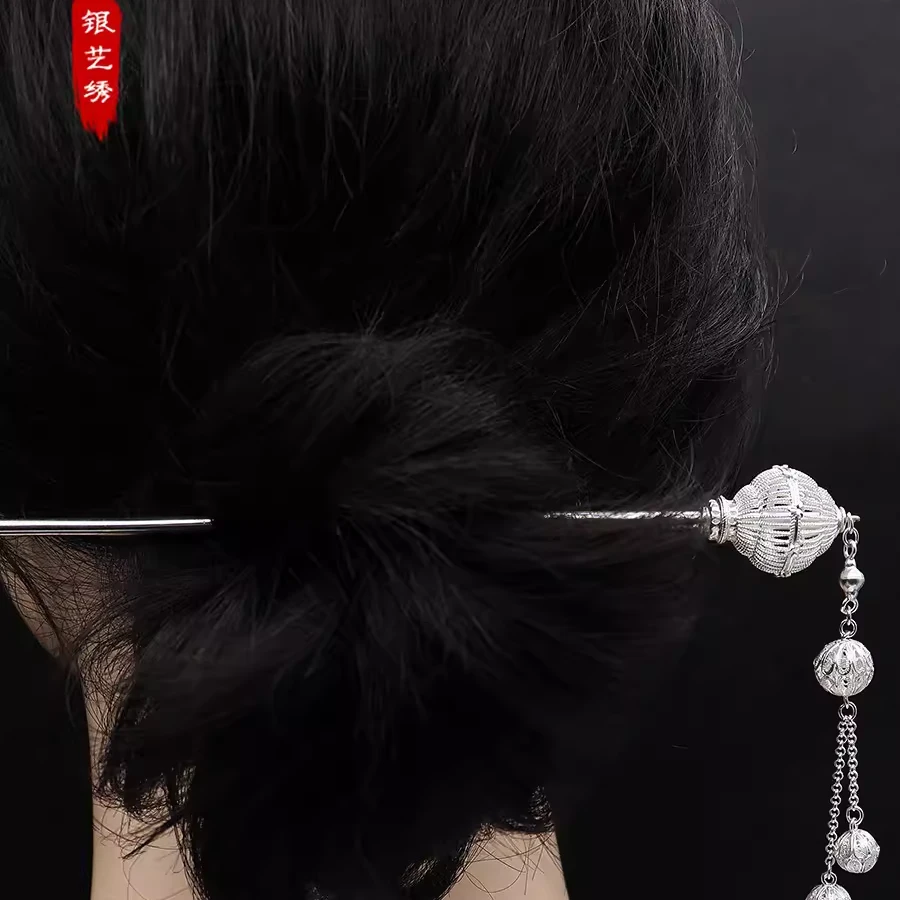 足银银制品 宫灯珠古风步摇中式发簪汉服盘发簪简约发钗头饰礼物