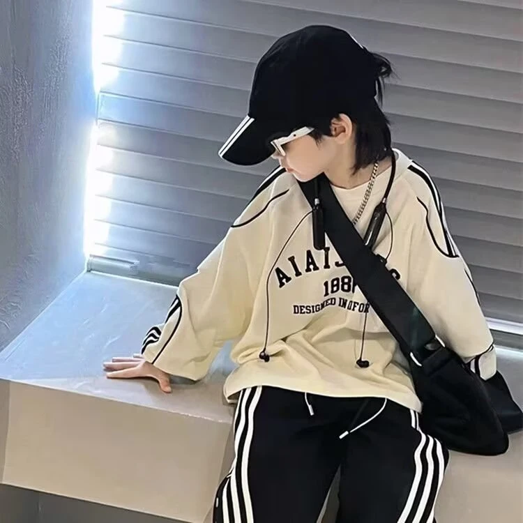 童装男童卫衣潮牌运动风2024春装儿童拼色字母上衣中大童宽松街头