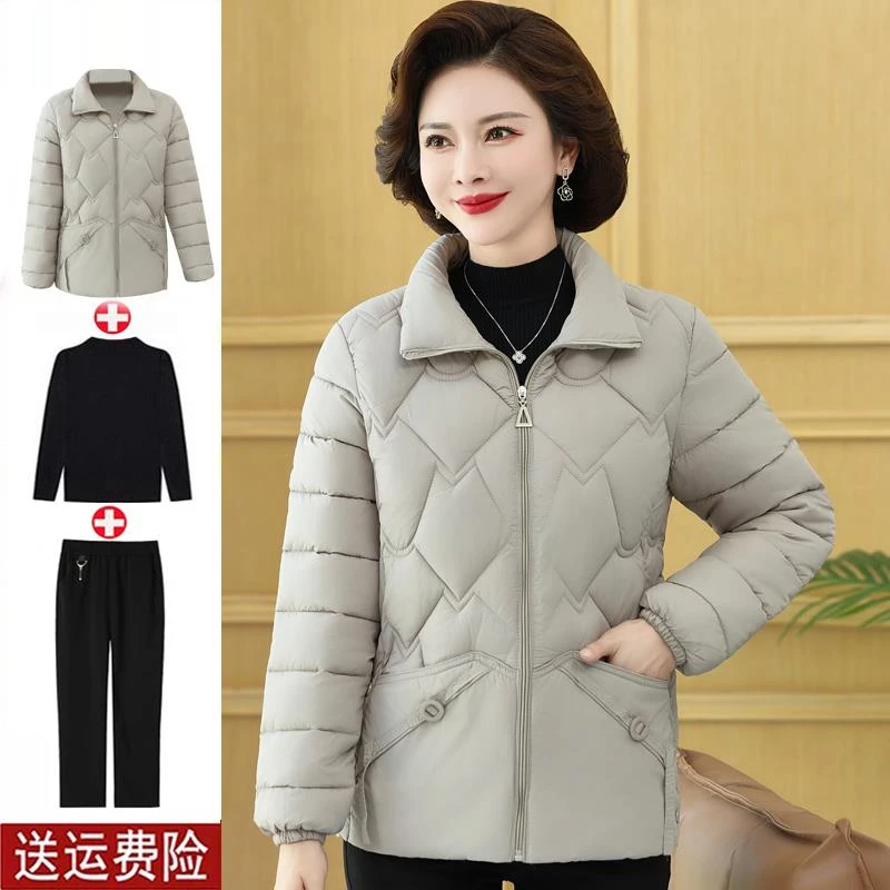 啄木鸟冬季新款妈妈女士轻薄小棉袄短款纯色翻领中年棉衣羽棉服外