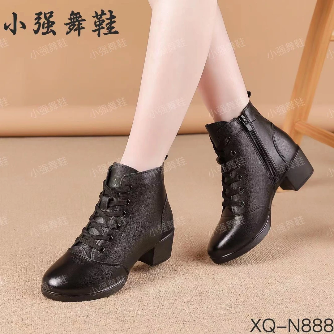 小强舞鞋新款女士广场舞鞋中跟真皮舞蹈鞋牛皮百搭跳舞鞋女鞋单靴