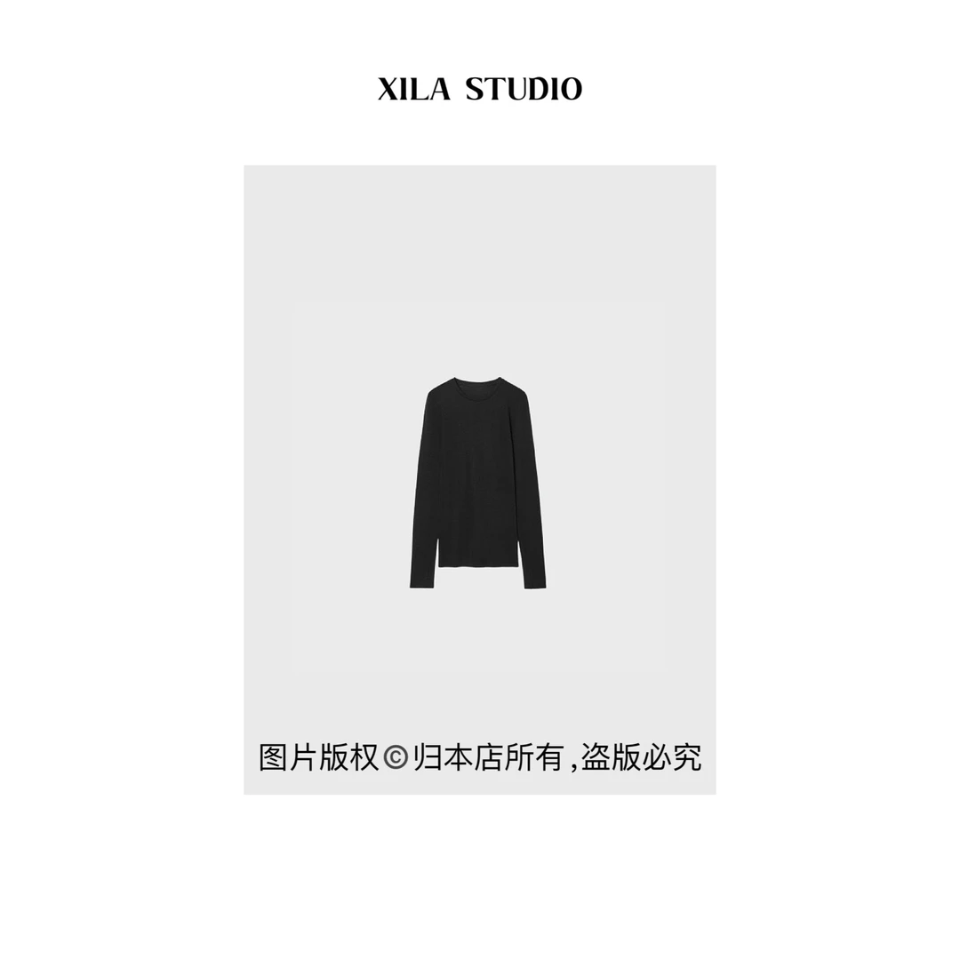 【XILA】醋酸平纹针织显瘦拇指袖T恤圆领打底
