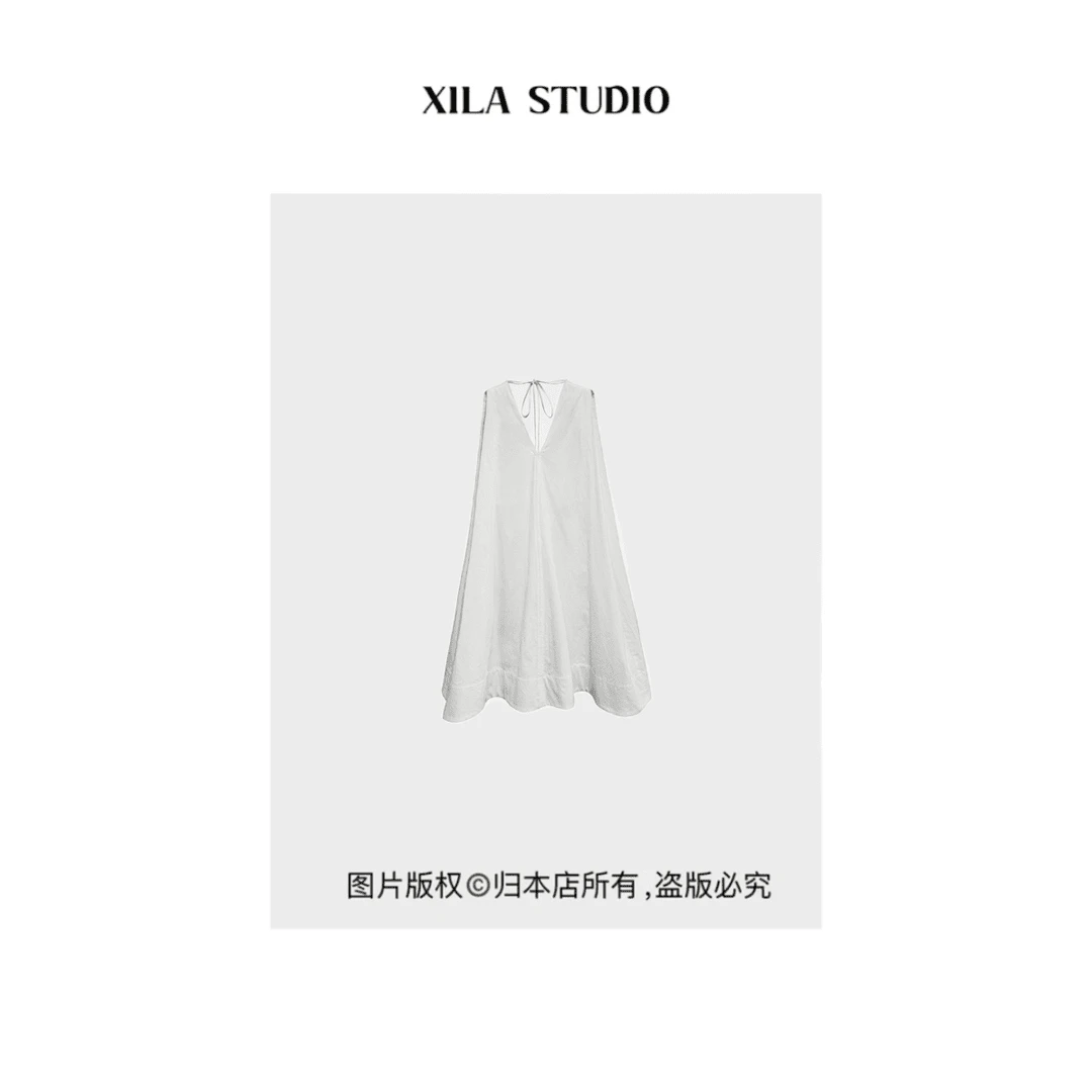 【XILA】微皱肌理 沙丘棉感A摆白色宽松连衣裙