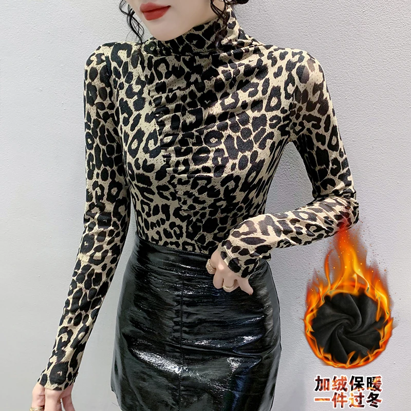 加绒欧货半高领打底衫女长袖豹纹网纱上衣新款时尚修身显瘦长袖