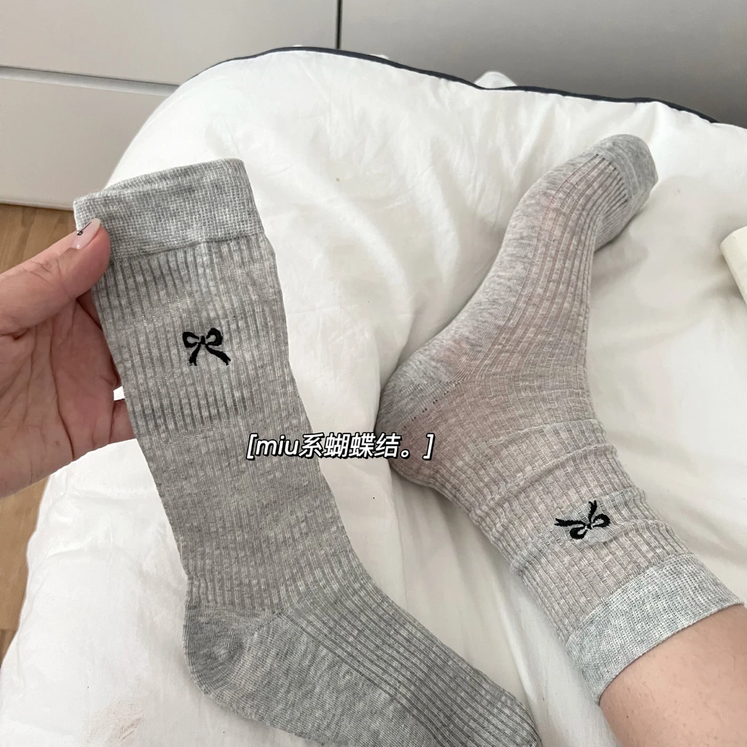 miu风蝴蝶结堆堆袜纯色ins中筒透气长筒袜子女夏季薄款