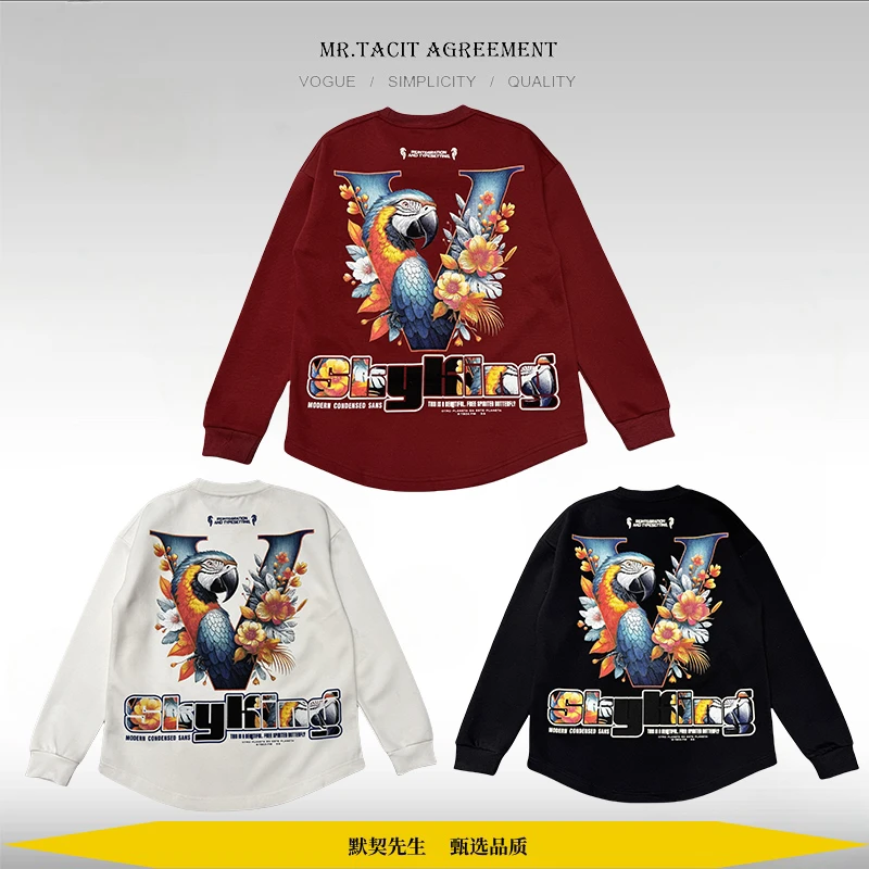 鹦鹉加厚长袖上衣男秋冬新款韩版潮流时尚圆领宽松圆弧下摆情侣装