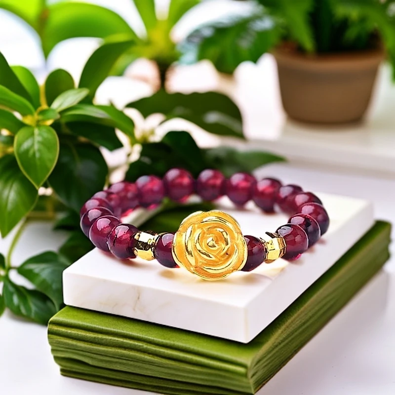 【黄金补贴】足金黄金玫瑰花石榴石搭配时尚气质戒指