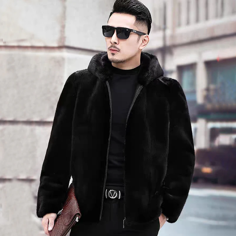 男士时尚冬季保暖皮毛一体连帽貂毛加厚大衣高档爸爸装防寒大衣