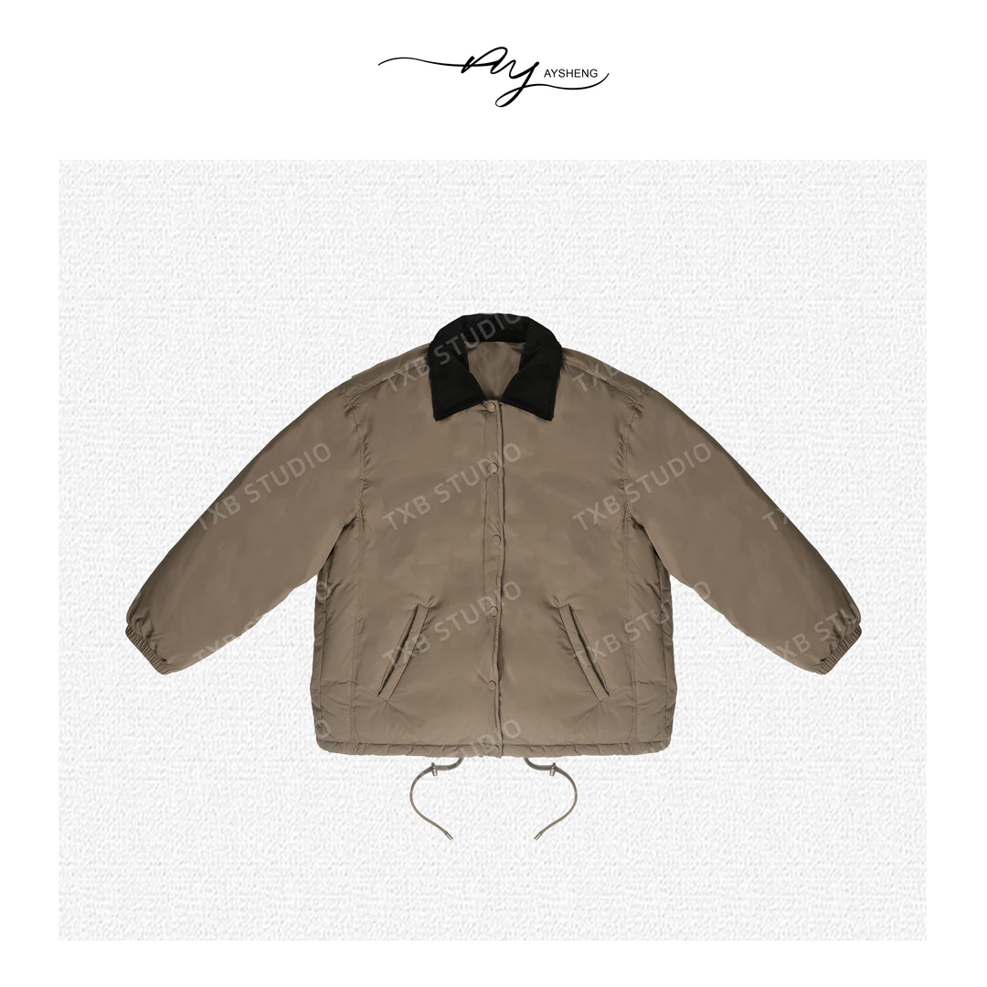 TXB “暖茶”国标90白鹅绒灯芯绒翻领抽绳羽绒服XB-6797