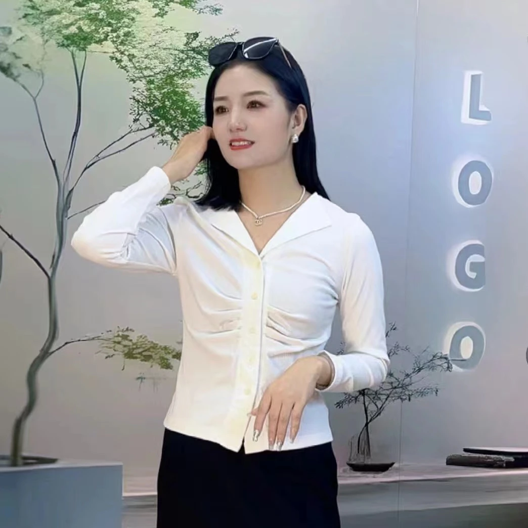 秋季新款褶皱长袖上衣时尚百搭显瘦修身气质POLO领设计感6613