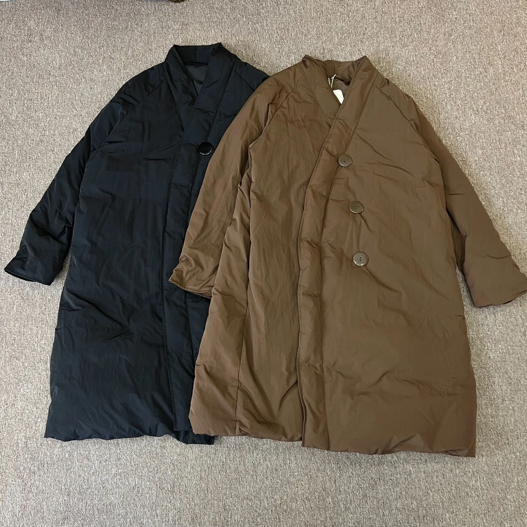 2024冬羽绒服女中长款白鸭绒被子款弧形门襟高端设计宽松外套