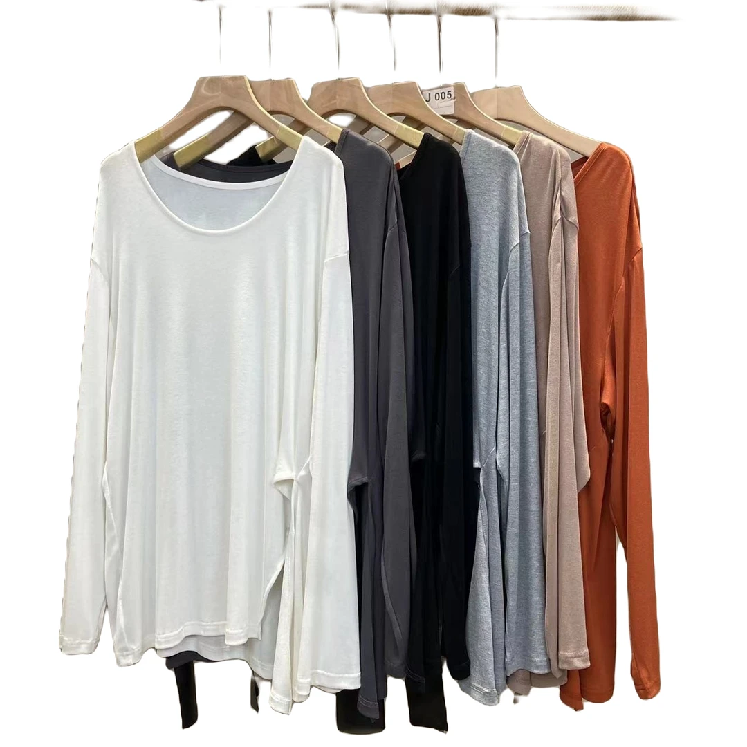 高定六色大领口下摆开叉微胖遮肉百搭纯色长袖T恤春季设计感上衣