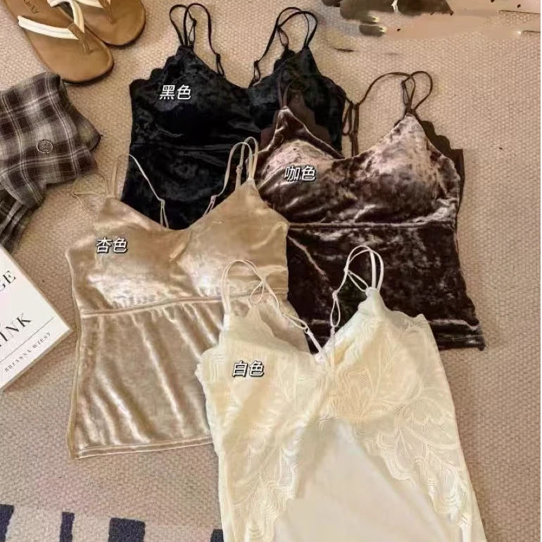 秋冬新款丝绒蕾丝拼接双肩带设计感吊带背心