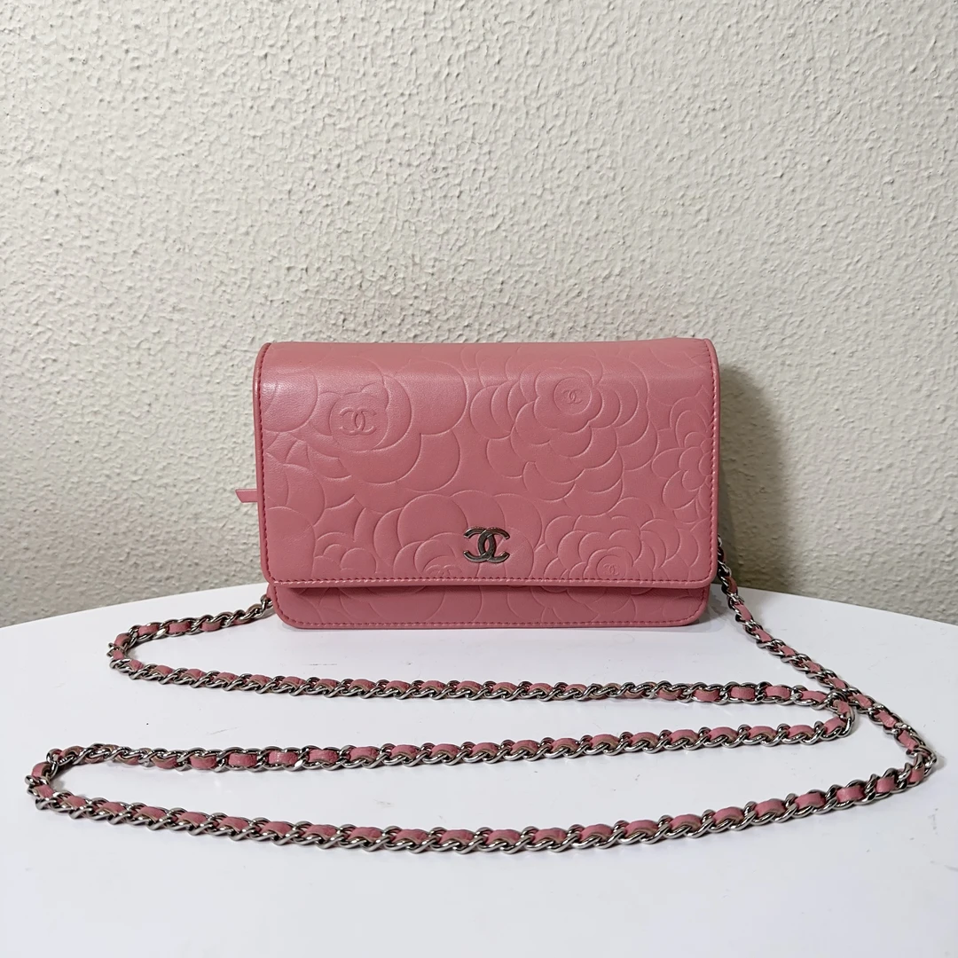 95新 Chanel/香奈儿 粉色山茶花woc发财银扣链条包
