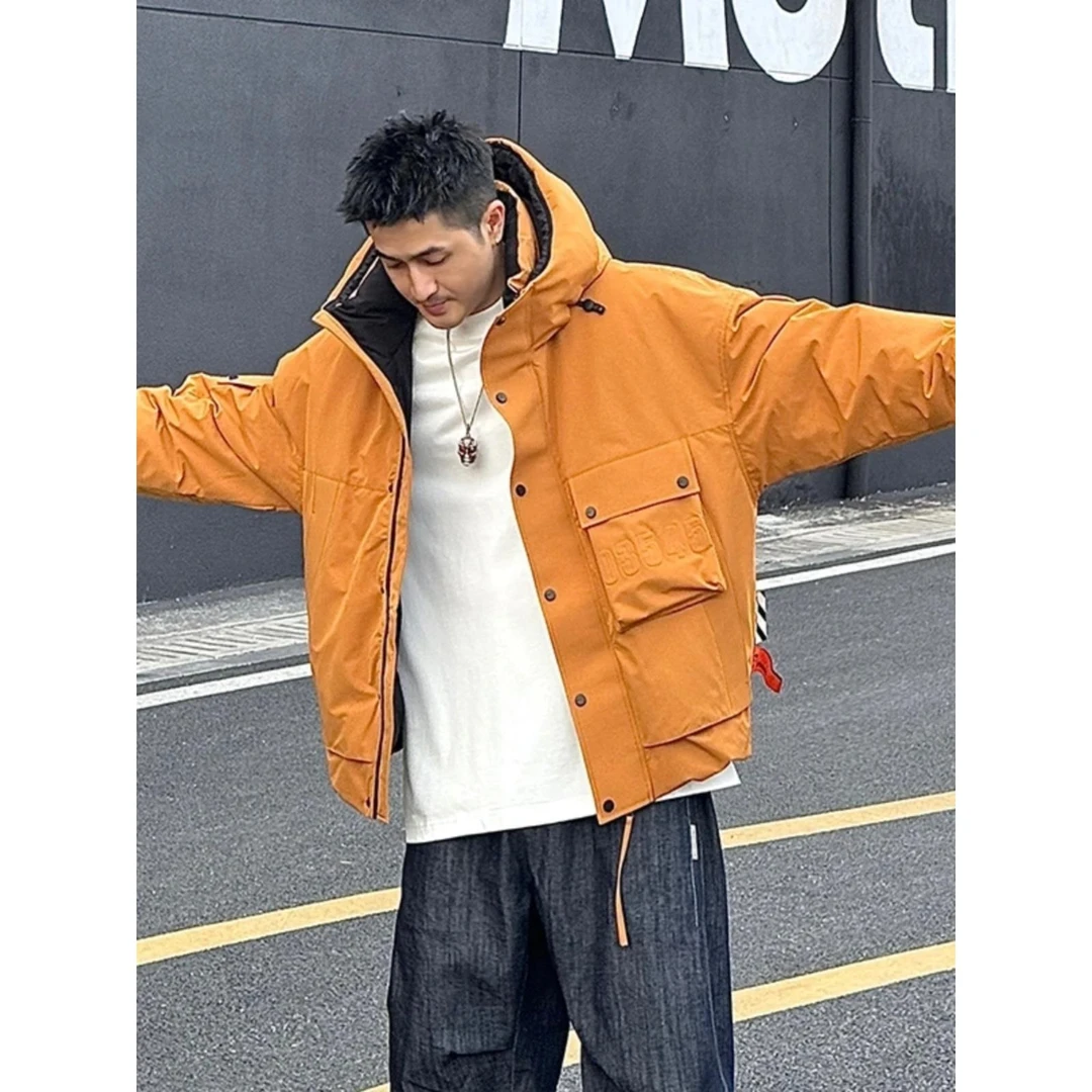 工装羽绒服男潮牌小众设计感大口袋冬季加厚保暖白鸭绒连帽外套潮