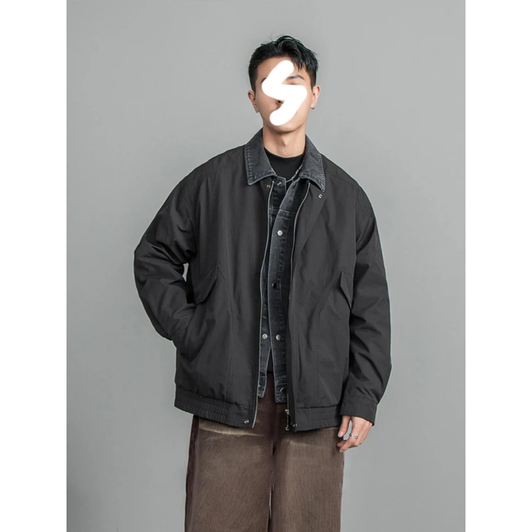 美式复古假两件外套男潮牌休闲痞帅百搭短款夹克vintage潮流上衣