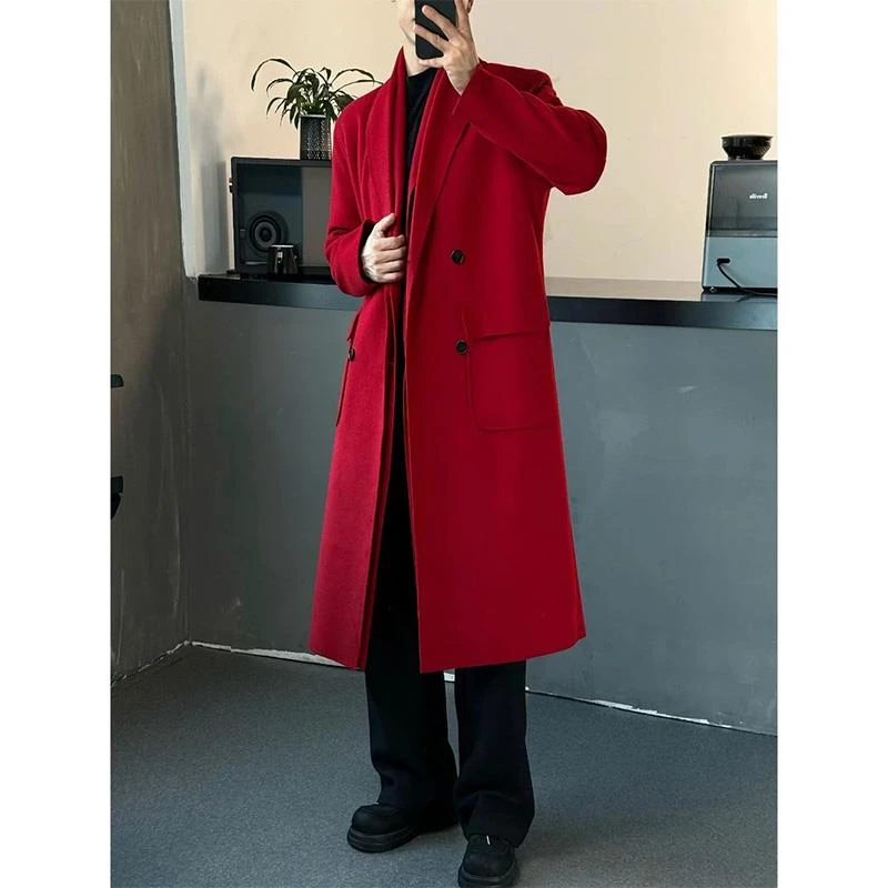 安哥拉红超长款毛呢大衣男秋冬季新款潮牌痞帅百搭假两件风衣外套