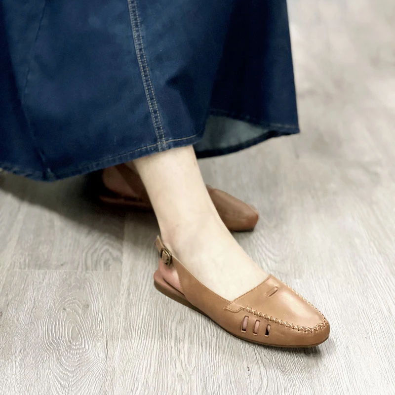 后带凉鞋女包头法式2024平底软底舒适玛丽珍复古镂空真皮女单凉鞋