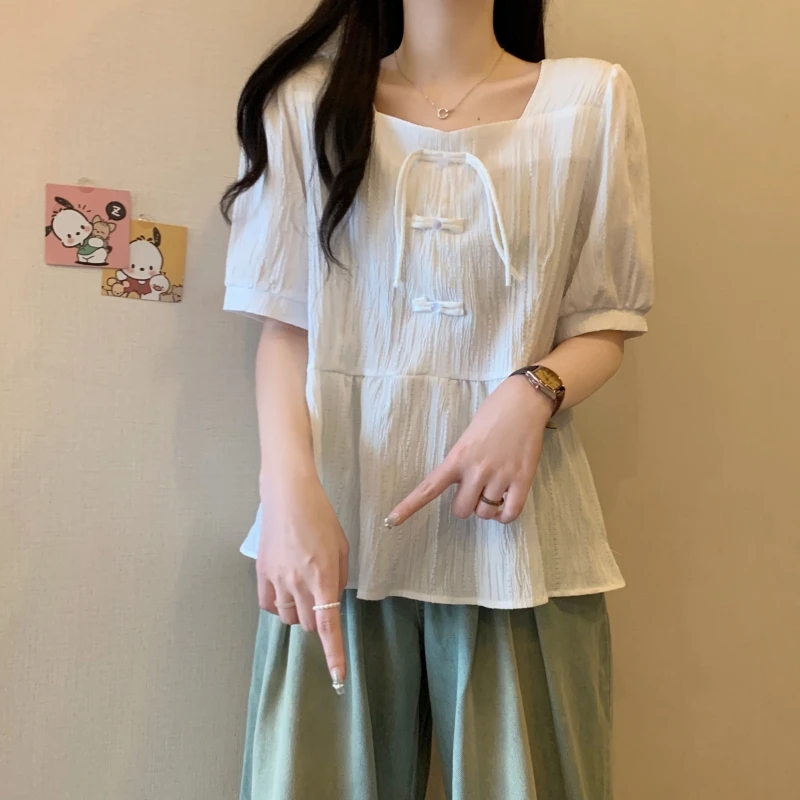 2025夏装新款大码女装新中式盘扣显瘦方领遮肚衬衫短袖小衫上衣