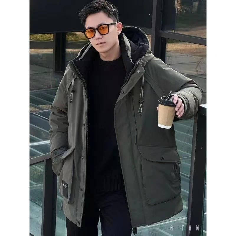 波司澄时尚新款冬季羽绒服男中长款外套保暖白鸭绒工装连帽派克