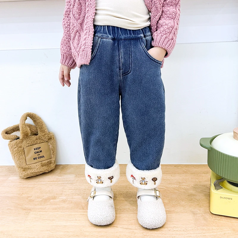 郝叔童品LF3365女童加绒牛仔裤2023冬季小女孩洋气长裤时尚百搭