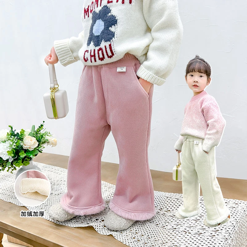 郝叔童品HZ3464女童加绒微喇裤小女孩冬季韩范时尚纯色喇叭裤