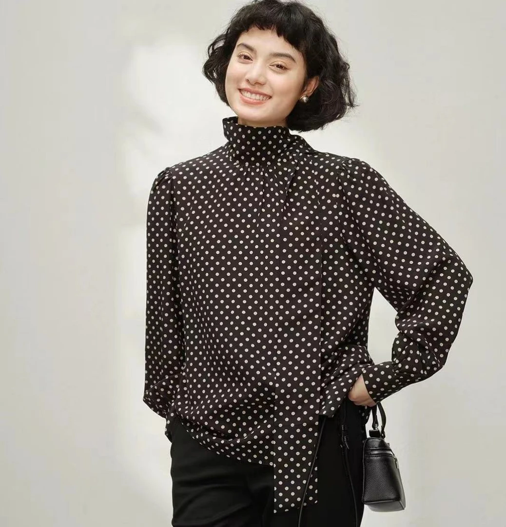 弦婵丝优雅步调复古法式波点印花绉感全真丝衬衫百搭黑白气质女士