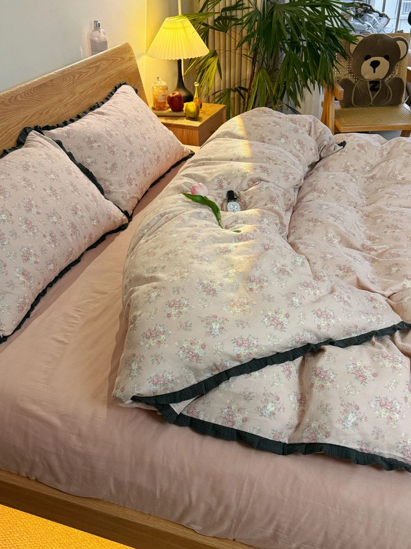 25新款爆款全棉母婴级皱皱边全棉A类双层纱四件套 小清新 可机洗