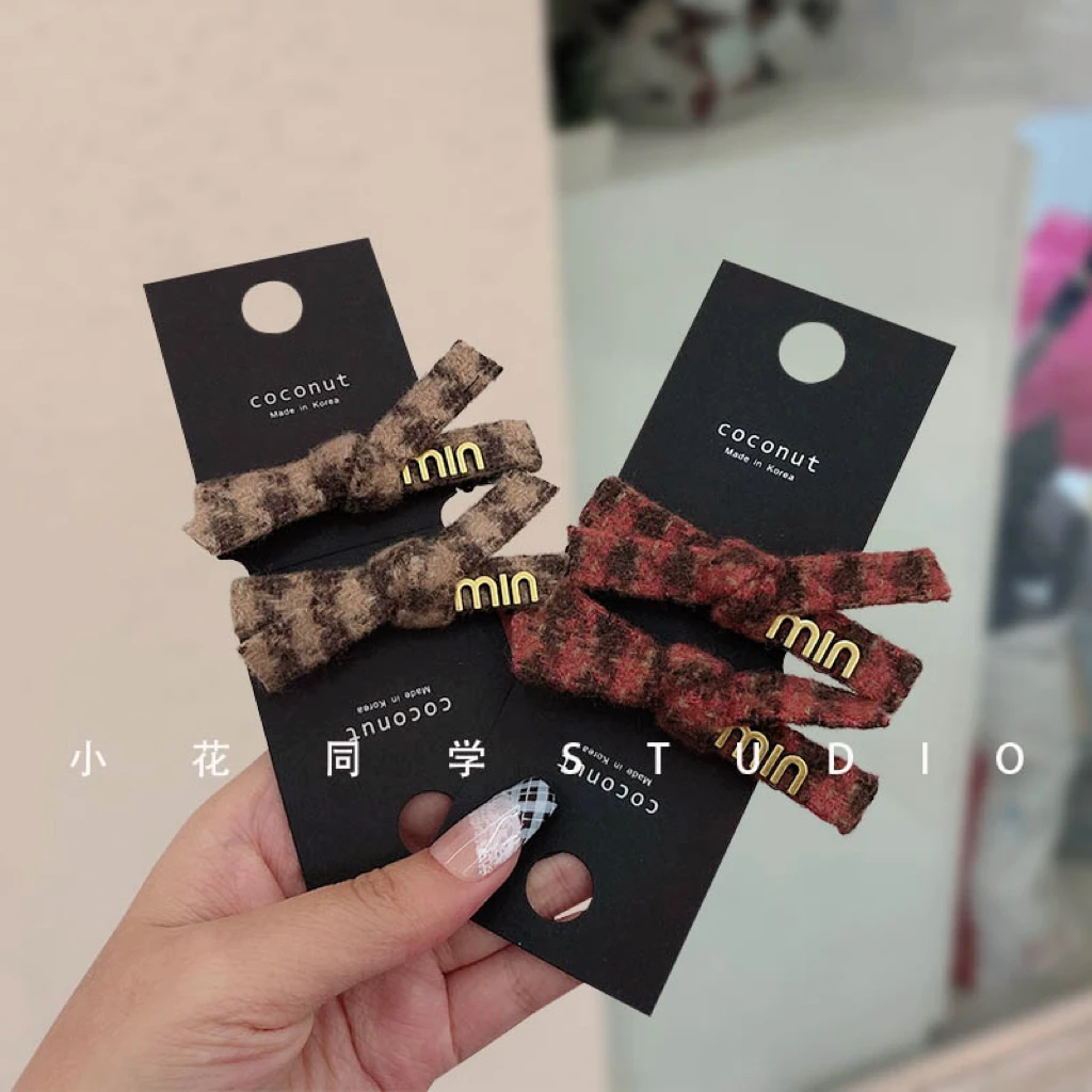 韩国饰品新款小香风毛呢绿色红色奶咖色格子蝴蝶结发夹后脑勺抓夹