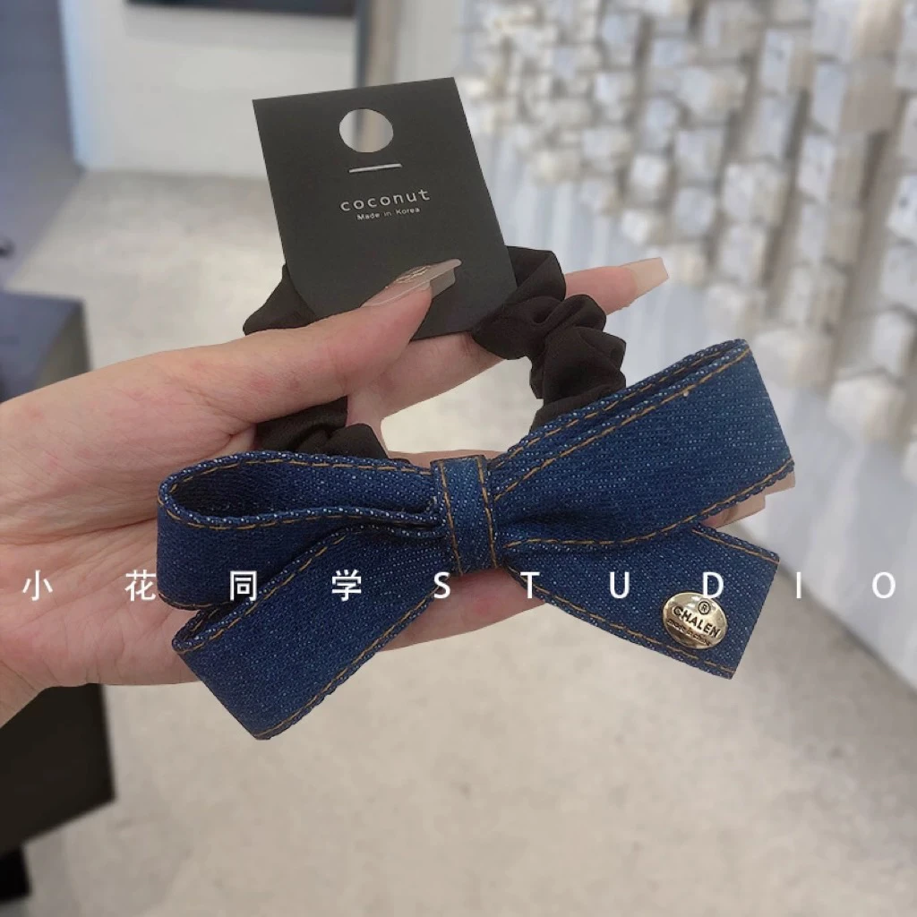 韩系小姐姐2023新款高级感精致深色牛仔金属蝴蝶结皮筋发圈发绳