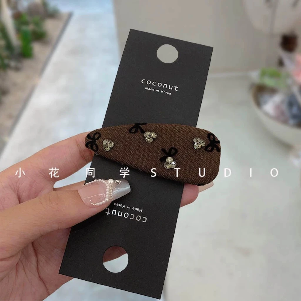 韩国发饰2024新款焦糖色美拉德色咖啡色水钻印花蝴蝶结发夹边夹