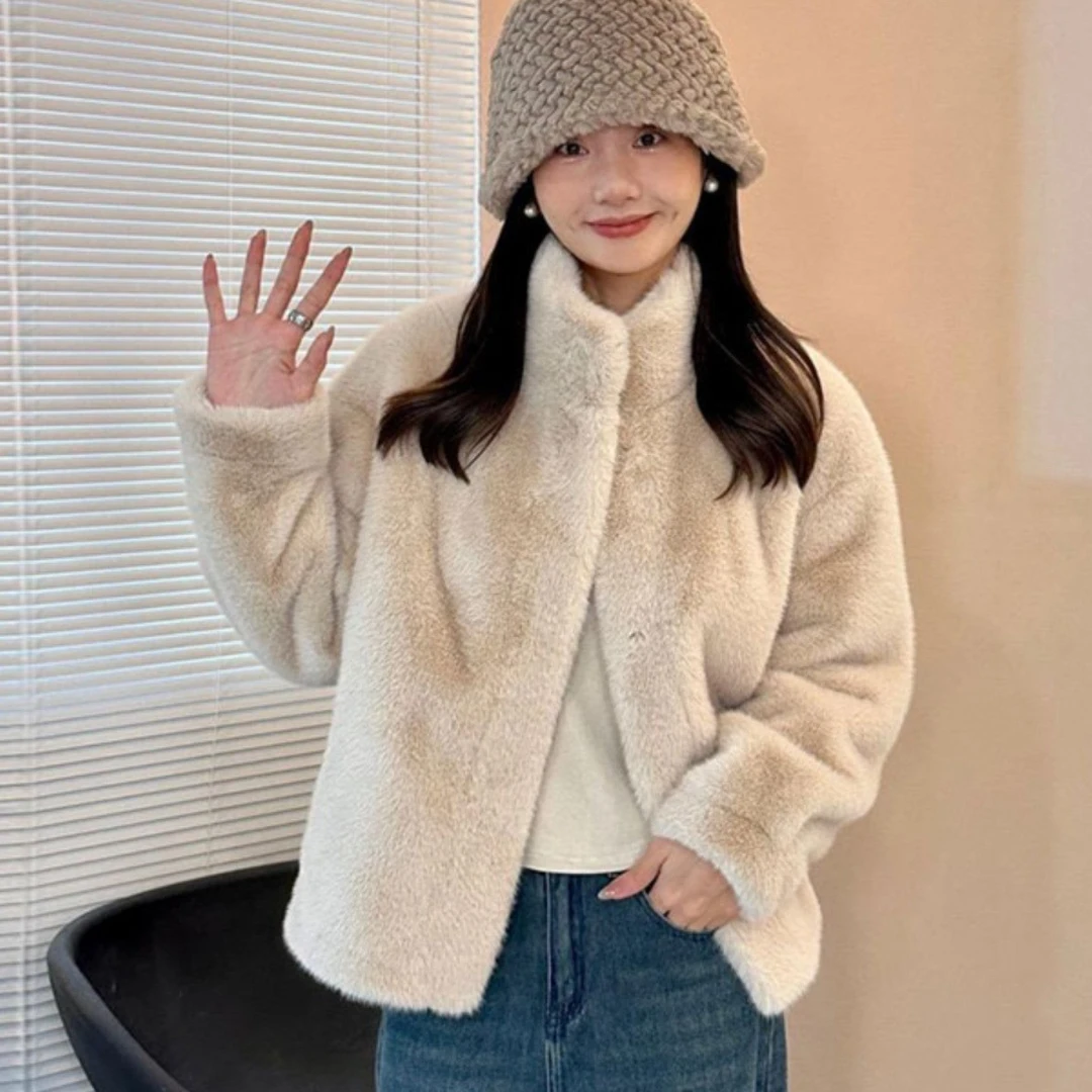 秋冬季韩版时尚毛绒外套年轻款立领皮毛一体加厚毛毛外套女01