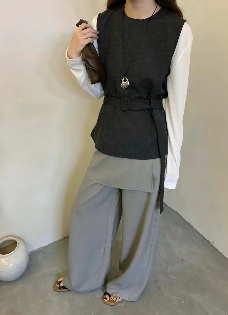 秋冬新款无袖马甲+长袖叠穿韩版收腰气质打底两件套