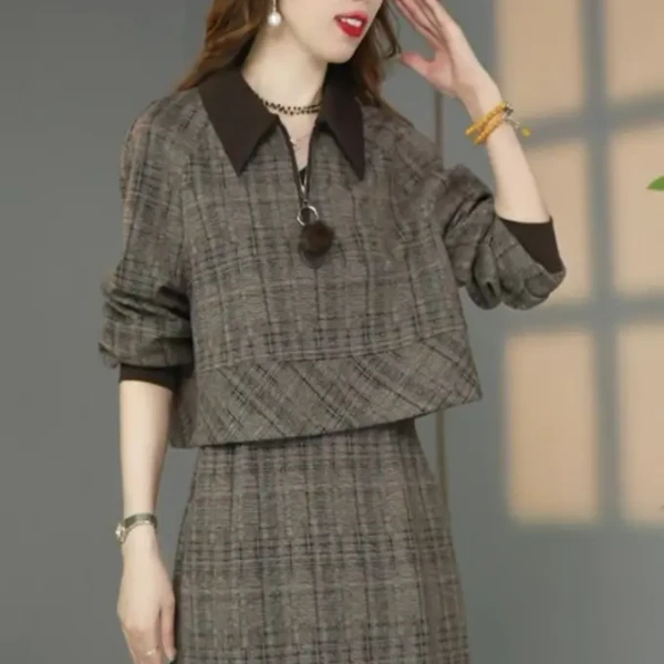【两件套】高定款新款欧版英伦格纹时尚套装女长袖两件套装裙