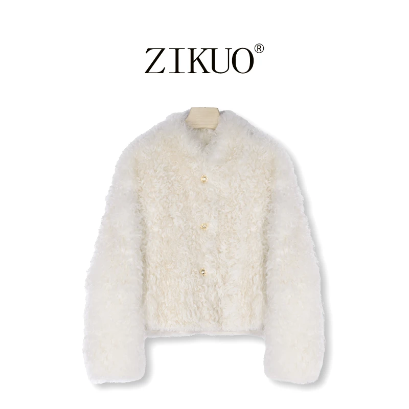 “棉花城堡”微卷立领进口托斯卡纳皮毛一体外套6605