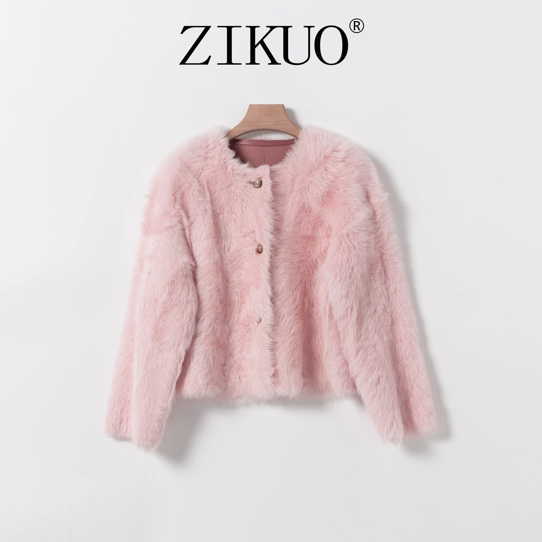 ZIKUO/紫阔2024冬季圆领原生态进口托斯卡纳皮毛一体外套98003