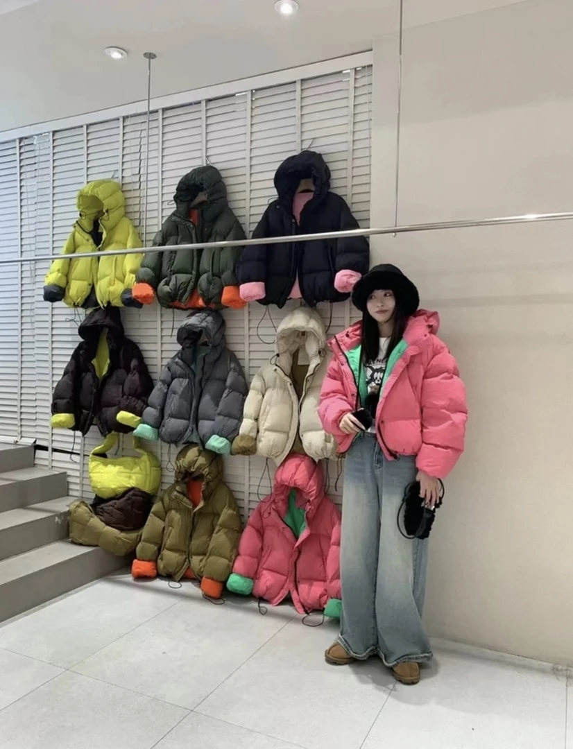 【鑫禧】韩版撞色白鸭绒羽绒服女短款连帽宽松加厚休闲糖果色面包服