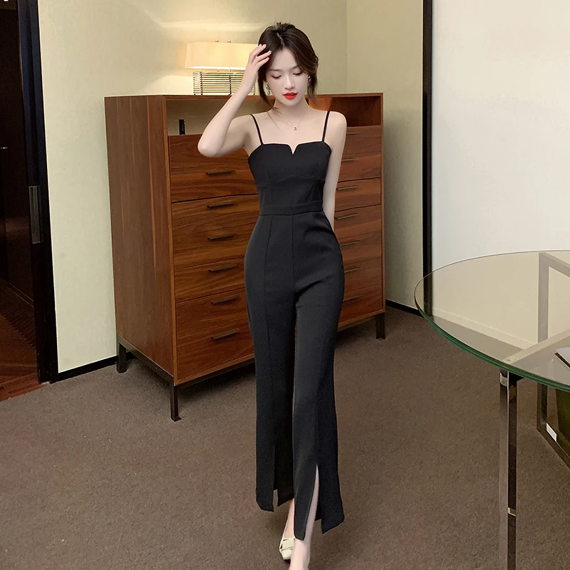 小个子气质吊带连体裤女夏高腰直筒开叉连衣裤赫本风时髦复古裤子