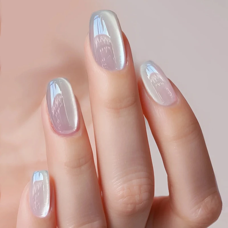 纯手工10片『白月光』穿戴甲短款玻璃珠美甲贴片学生可爱猫眼2024款