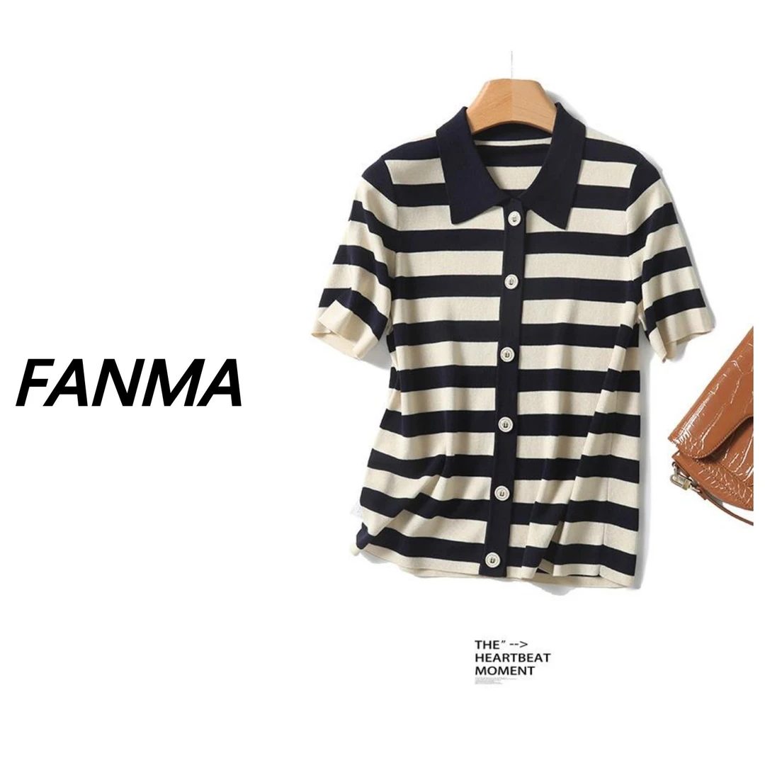 #撞色针织衫# 含桑蚕丝天丝翻领针织 时尚条纹女上衣 F200-TN2339