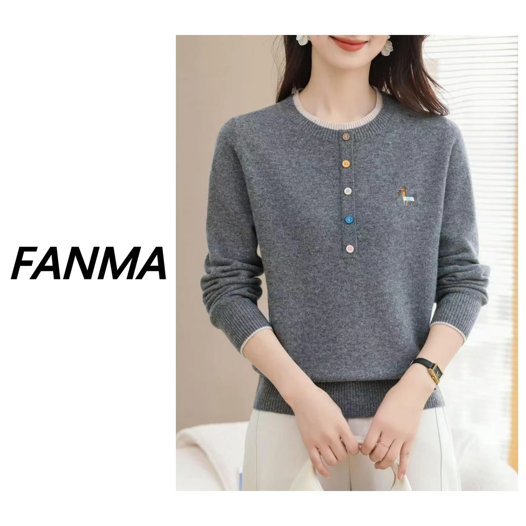 #纯绵羊毛假两件# 彩扣女士刺绣设计纯羊毛针织衫 F389-6253