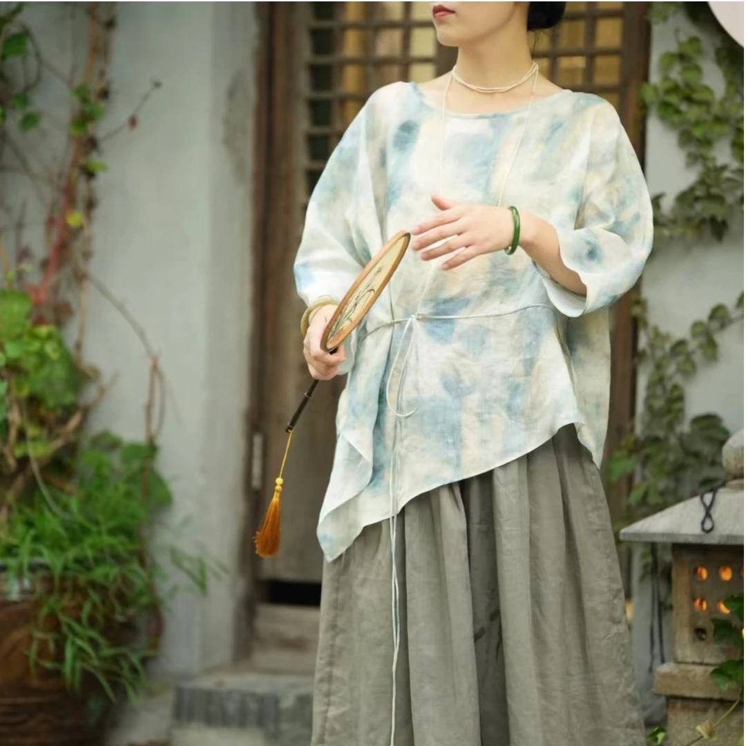 【石喃】原创设计春夏季新中式复古风设计感宽松T恤【春山澹澹】