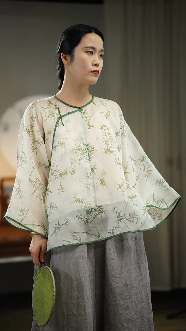 【石喃】原创设计新中式斜襟大袖圆领盘扣宽松版衬衫春夏【云竹庭】