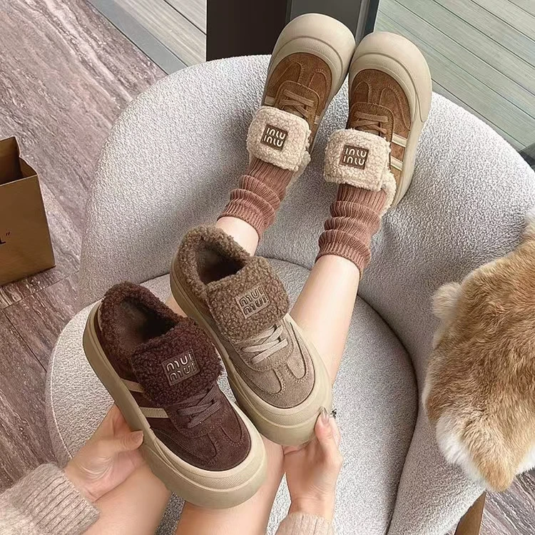 厚底德训鞋女鞋加绒保暖雪地靴2024新款冬季毛毛棉鞋丑萌板鞋