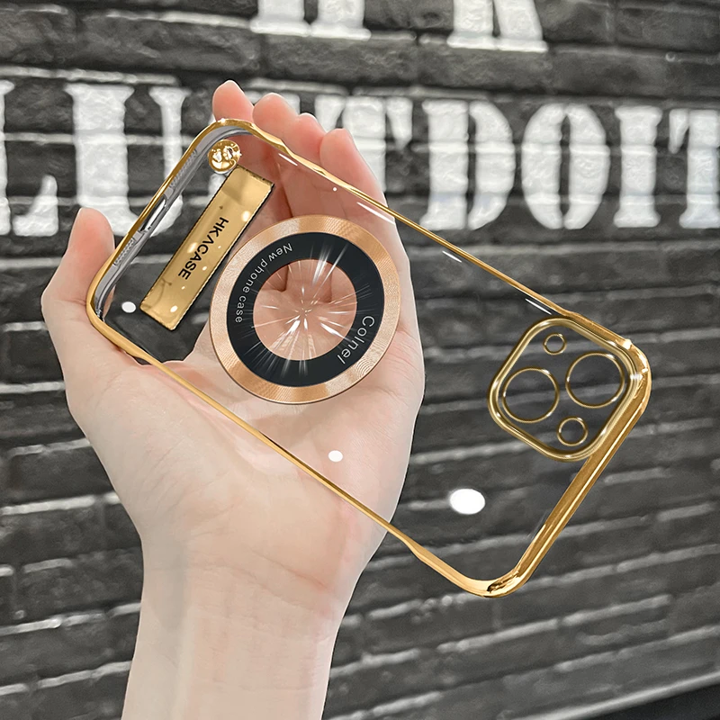 适用苹果15简约高级感超薄电镀无边框磁吸贴电镀支架手机壳