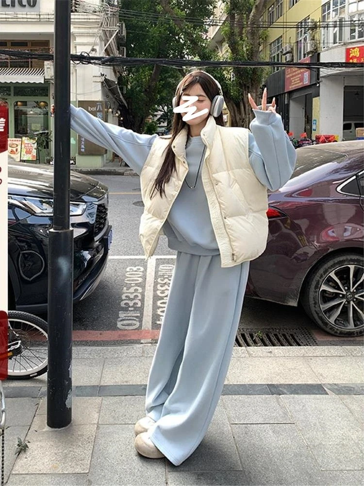 2024蓝色卫衣女秋冬新款宽松加厚套装保暖慵懒两件套上衣女5807