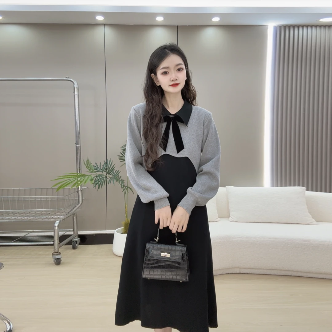 大码女装胖mm设计感撞色蝴蝶结领拼接连衣裙女秋冬气质显瘦长裙子