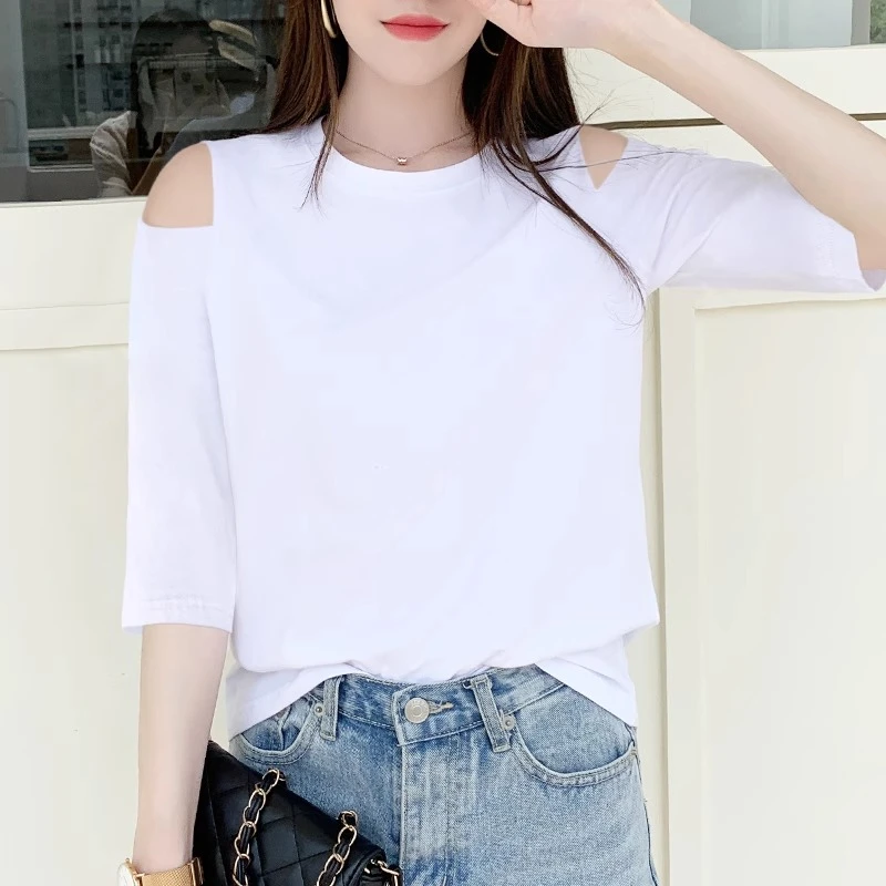 宽松中袖t恤女白色露肩五分袖春秋装2025年新款上衣七分袖百搭款
