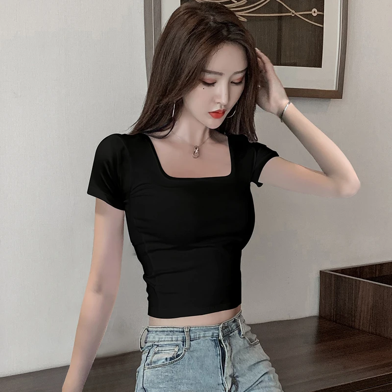 黑色短款上衣女设计感修身方领短袖露脐T恤2024夏季新款女装高腰